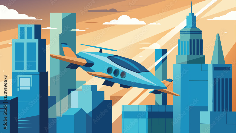 Poster a futuristic air taxi effortlessly glides through the towering skyscraperapers its stateoftheart tec