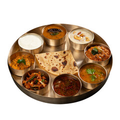 Traditional Indian Thali Meal Presented in a brass thali on a Transparent PNG background 