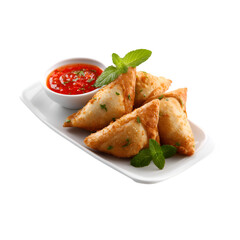Delicious Samosas with Spicy Red Sauce and Mint Garnish
