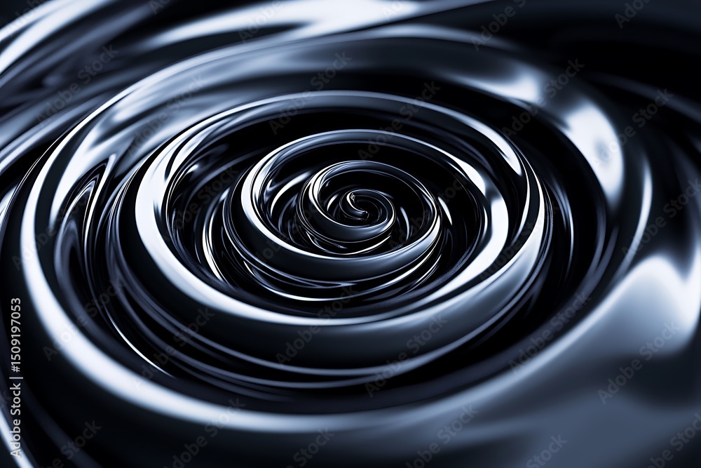 Poster silver metallic swirl texture art, abstract chrome spiral design, modern 3d rendering
