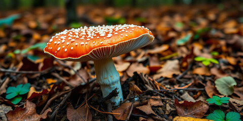 Red spotted fly agaric mushroom stands in meadow. Sunlight, floral scenery, grass, colorful flowers. Autumn season in forest. Botanical garden landscape macro photo