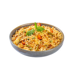 Authentic Vegetable Biryani in a ceramic bowl Beautifully Presented on a Transparent PNG background 