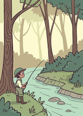 Cartoon illustration of a young boy fishing in a forest stream