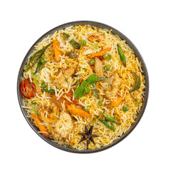 Authentic Vegetable Biryani Top View Beautifully Presented on a Transparent PNG background 