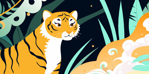 Stylized Tiger Illustration with Tropical Foliage and Abstract Shapes in Dark Background