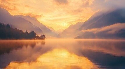Fototapeta premium Golden sunrise over a serene lake nestled amongst misty mountains.