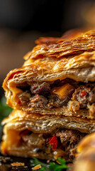 Vertical close-up of Timbale, showcasing the golden crust and hearty meat and vegetable filling