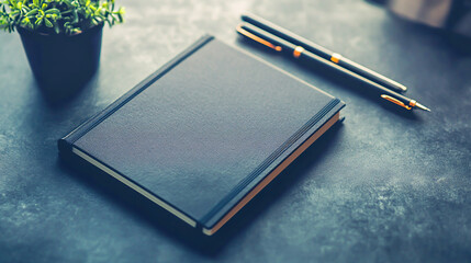 Black notebook with pens on sleek dark office desk