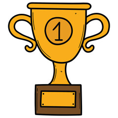 Hand drawn cartoon gold trophy first place on white background.