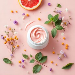 Minimal Skincare Flat Lay with White Jar, Rose Cream, Wildflowers, Mint, Grapefruit on Blush Pink Background