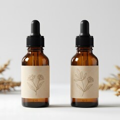 Elegant Amber Dropper Bottles with Minimalist Beige Labels on White Background – High-End Product Photography