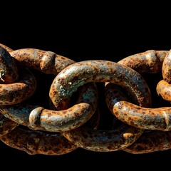 Broken Rusty Industrial Chain Close-Up – Snapped Metal Link with Corrosion and Floating Debris on Black Background