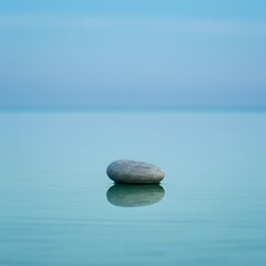 Peaceful River Stone Floating on Turquoise Water with Misty Horizon – Minimalist Nature Background