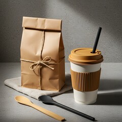Minimalist Eco-Friendly Coffee Scene with Kraft Paper Cup, Bag, and Wooden Scoop on Neutral Tabletop