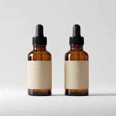 Elegant Amber Dropper Bottles with Minimalist Beige Labels on White Background – High-End Product Photography