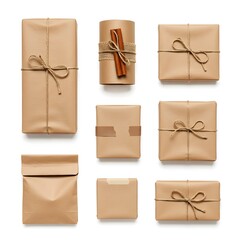 Top-Down Flat Lay of 7 Eco-Friendly Gift Wrapping Ideas with Kraft Paper and Natural Decorations on White Background