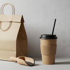 Minimalist Eco-Friendly Coffee Scene with Kraft Paper Cup, Bag, and Wooden Scoop on Neutral Tabletop