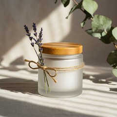 Minimalist White Skincare Jar on Concrete with Linen, Rosemary, Sea Salt, and Monstera Leaf Shadows – Natural Beauty Product Mockup