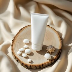 Minimalist White Skincare Tube with Natural Ingredients on Walnut Wood Slice – Organic Beauty Product Mockup with Cocoa, Oats, and Clay in Rustic Setting