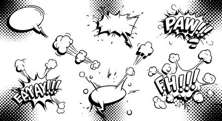 Collection of black and white comic book speech bubbles and sound effects