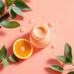 Minimal Skincare Flat Lay with White Jar, Rose Cream, Wildflowers, Mint, Grapefruit on Blush Pink Background