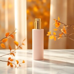 Elegant Blush Pink Skincare Bottle with Gold Cap on Marble – Autumn Beauty Product Scene with Warm Natural Light and Fall Foliage