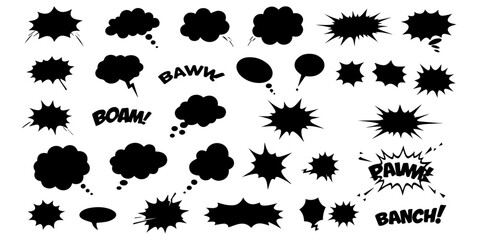 Collection of black comic book speech bubbles and sound effects © Md Faysal Ahmed