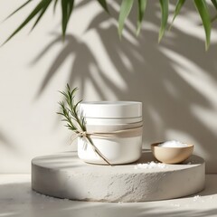 Minimalist White Skincare Jar on Concrete with Linen, Rosemary, Sea Salt, and Monstera Leaf Shadows – Natural Beauty Product Mockup