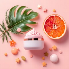 Minimal Skincare Flat Lay with White Jar, Rose Cream, Wildflowers, Mint, Grapefruit on Blush Pink Background
