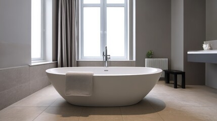 Modern freestanding oval bathtub in luxury bathroom