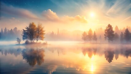Obraz premium A serene sunrise reflects off the calm lake shrouded in ethereal mist, showcasing nature's beauty
