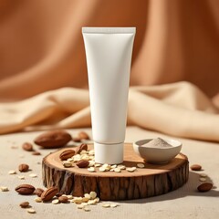 Minimalist White Skincare Tube with Natural Ingredients on Walnut Wood Slice – Organic Beauty Product Mockup with Cocoa, Oats, and Clay in Rustic Setting