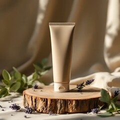 Minimalist White Skincare Tube with Natural Ingredients on Walnut Wood Slice – Organic Beauty Product Mockup with Cocoa, Oats, and Clay in Rustic Setting