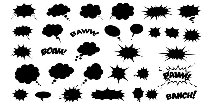 Collection of black comic book speech bubbles and sound effects