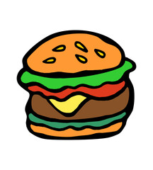 Color vector illustration of a delicious big burger on a white isolated background