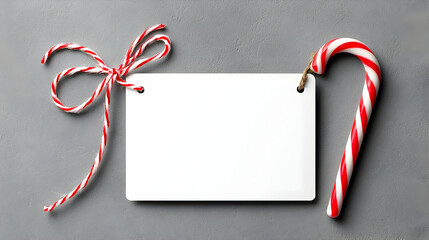 Blank White Card with Candy Cane and Red Twine Bow on Grey Background