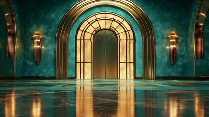 Fototapeta premium Grand hall with teal walls and golden accents.
