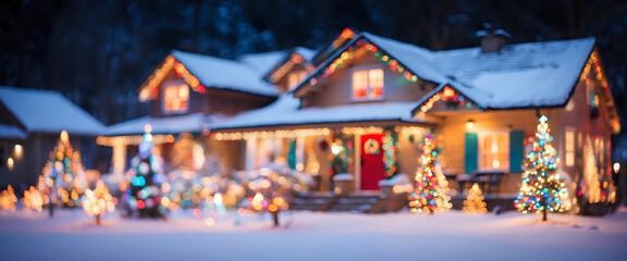 Cozy Snow-Covered House Decorated with Vibrant Christmas Lights and Decorations