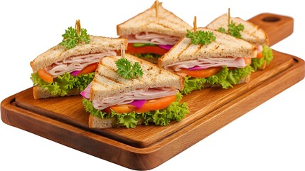 Delicious gourmet turkey sandwiches with fresh vegetables arranged on wooden cutting board
