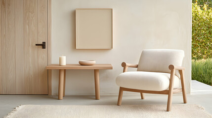 Beige Sheepskin Armchair and Light Wood Table in Minimalist Interior