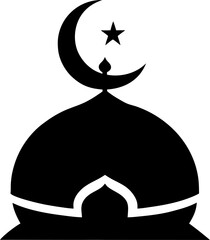 Islamic mosque silhouette with crescent moon and star symbol on white background