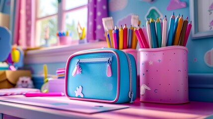 Pink and blue pencil case sitting on top of desk next to cup of colored pencils.