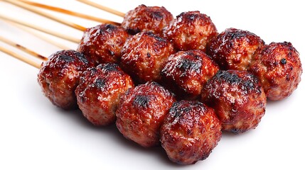 Delicious grilled meatballs on wooden skewers arranged neatly against a bright white background