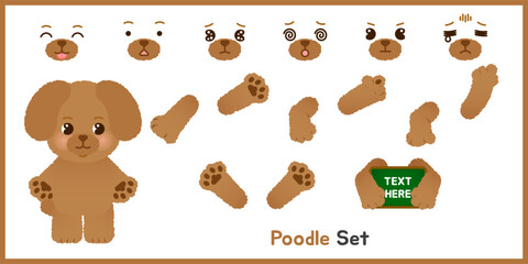 Fototapeta premium A set of cute Poodle dog clipart featuring 7 facial expressions and 6 arm poses. Ideal for teaching materials, digital stickers, character design, and pet-themed creative projects.