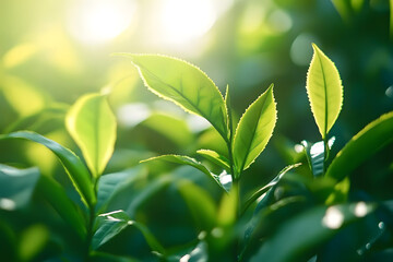 Obraz premium Close-up of fresh green tea leaves glowing in soft sunlight with a vibrant and peaceful natural atmosphere