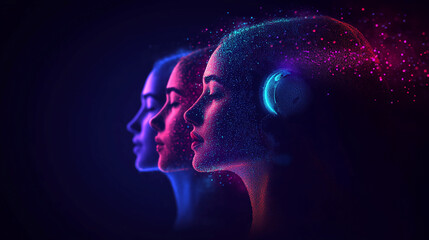 Abstract artwork depicting three female faces formed from glowing particles against a dark background showcasing technology artistry futuristic digital art aesthetics vibrant colors feminine forms