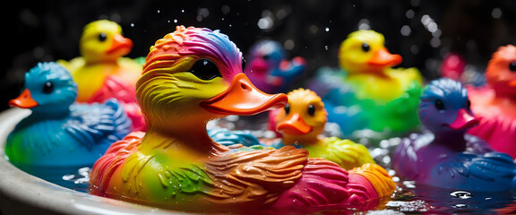 Colorful Rubber Ducks Floating in Water