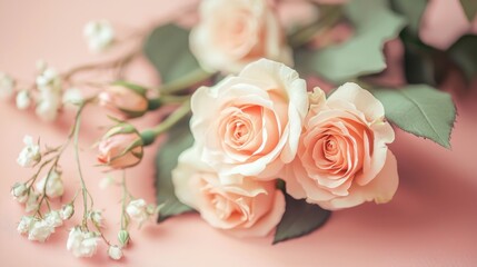 Delicate bouquet of peach roses and small white flowers.