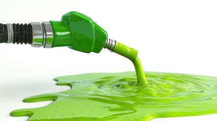 Green fuel spills from a nozzle onto a white surface.