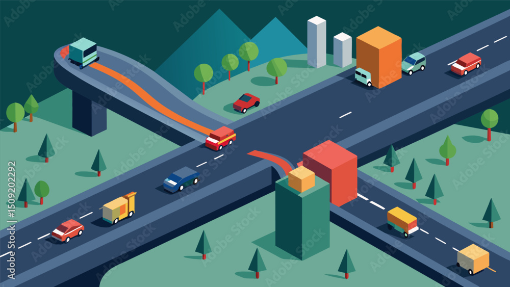 Poster a 3d map that shows realtime speeds and movements of vehicles on a major highway giving insight into